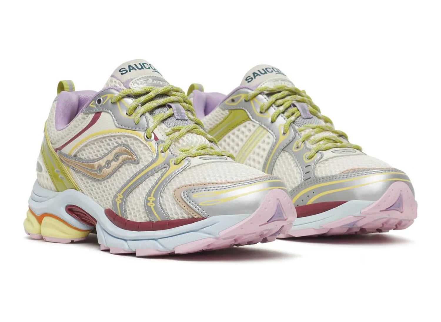 Saucony x Evelynn World ProGrid Triumph 4 Mom Shoe in White / Yellow / Silver, three-quarter view of pair on white
