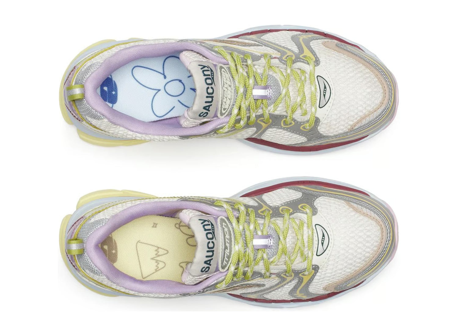 Saucony x Evelynn World ProGrid Triumph 4 Mom Shoe in White / Yellow / Silver, top view on white