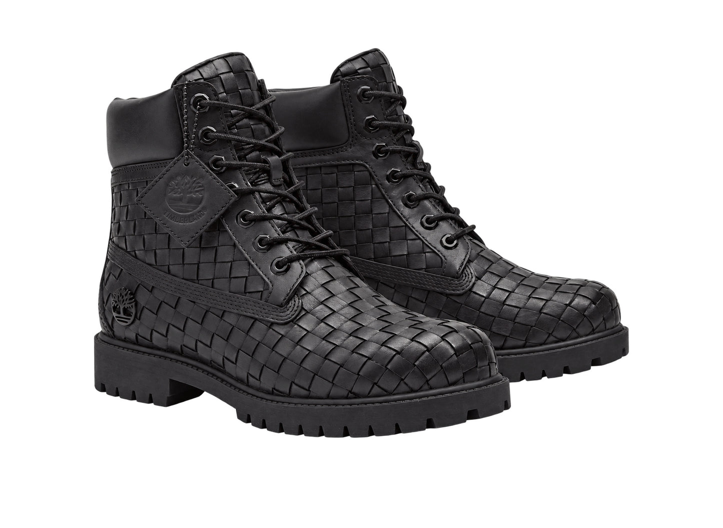 Timberland Premium 6-Inch Woven Boot in Black – pair three quarter view