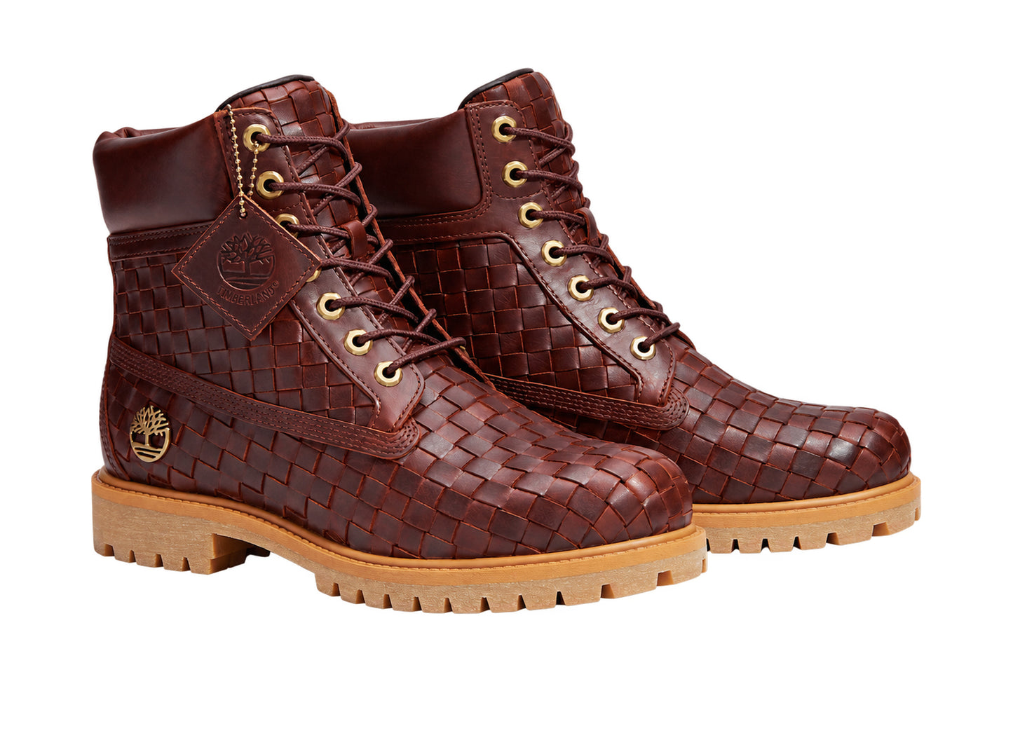 Timberland Premium 6-Inch Woven Boot in Burgundy – pair three quarter view
