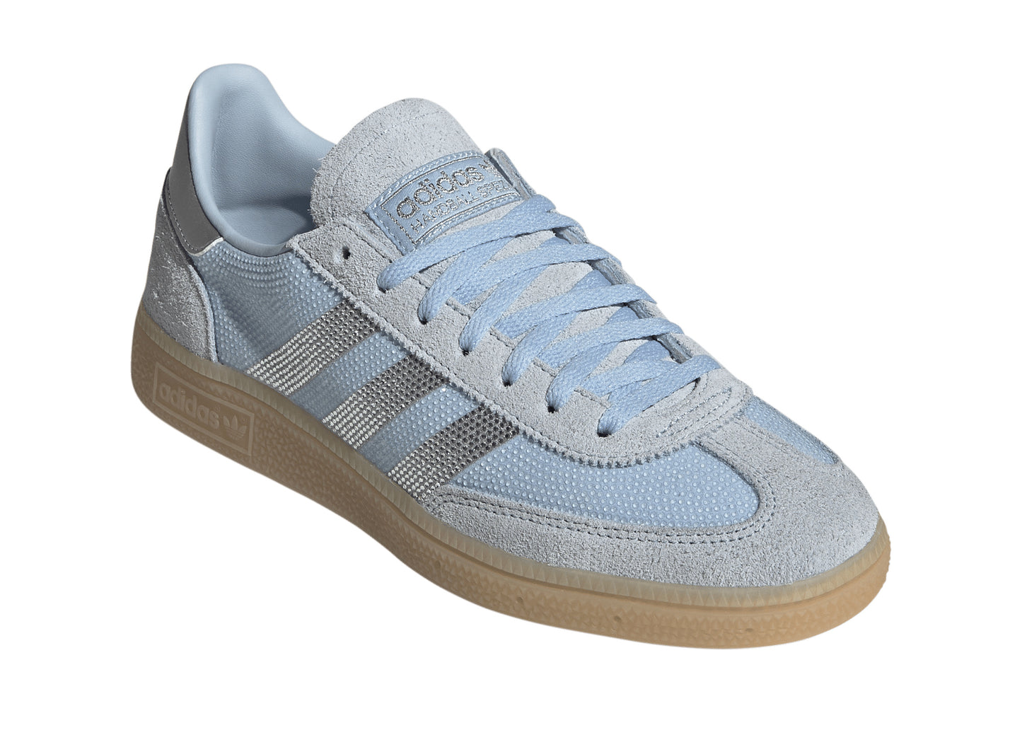 Women's Adidas Handball Spezial Rhinestone in Clear Sky / Silver Metallic — front angle
