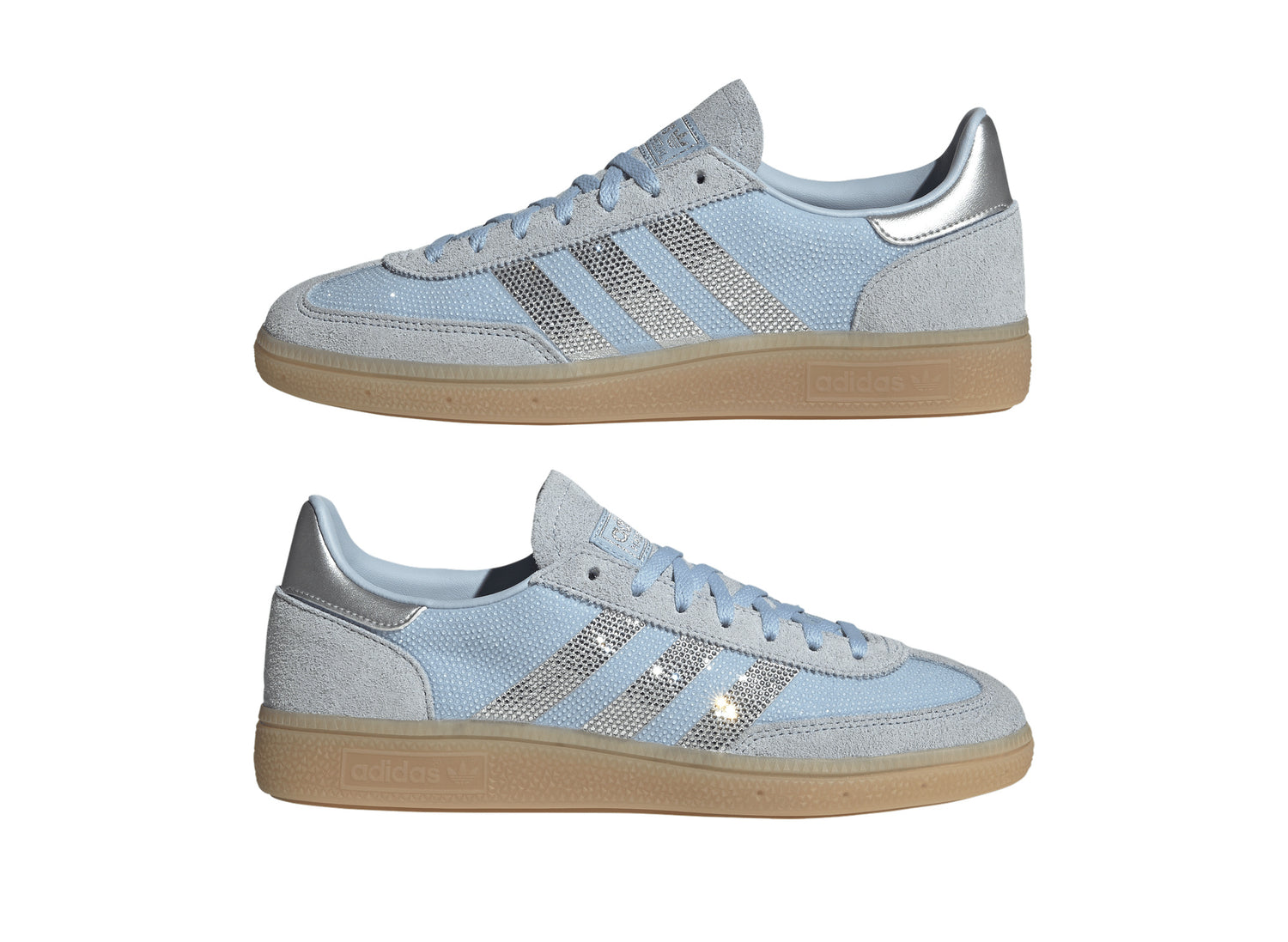 Women's Adidas Handball Spezial Rhinestone in Clear Sky / Silver Metallic — pair side