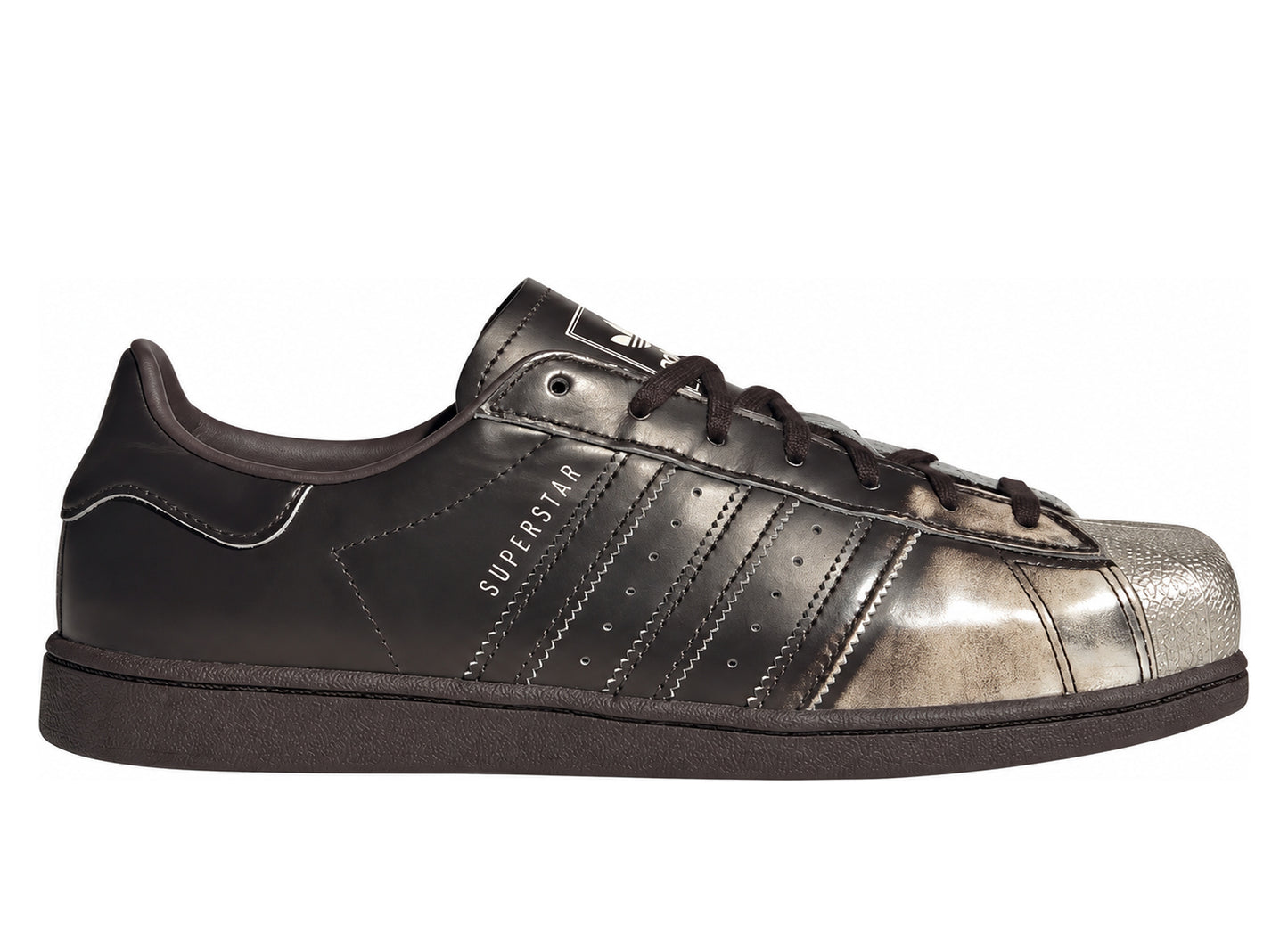 Women's Adidas Superstar SQ in Aurora Coffee / Silver Metallic / Cream White — right-facing side view