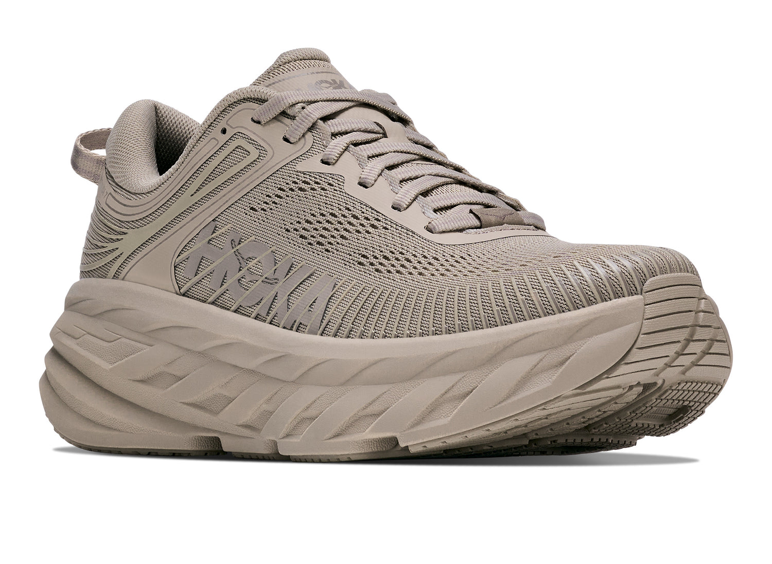 Women's Hoka Bondi 7 in Archival Taupe – rear three-quarter view