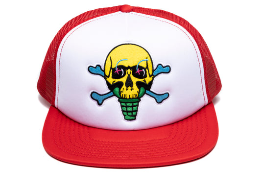 Ice Cream Skully Trucker Hat in Red