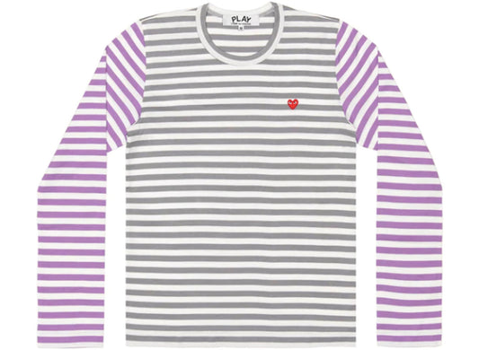 Comme des Garçons PLAY Bi-Colour Striped L/S Tee in Grey / Lavender / White