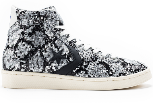 Converse Pro Leather Mid Snakequins in Silver / Vintage White