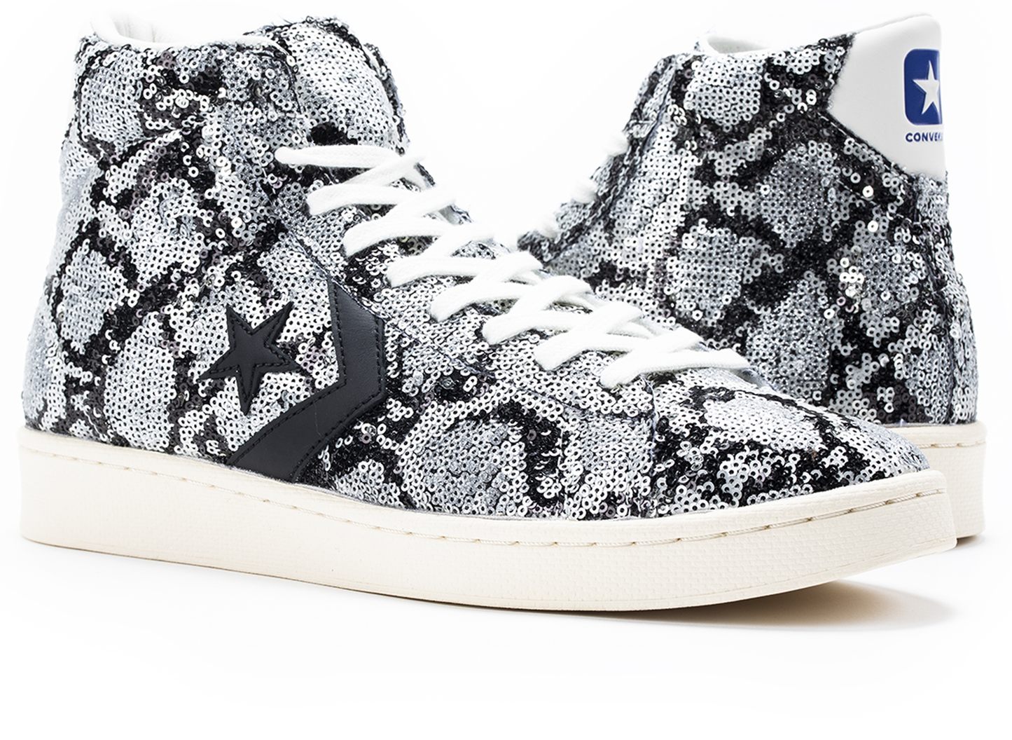 Converse Pro Leather Mid Snakequins in Silver / Vintage White