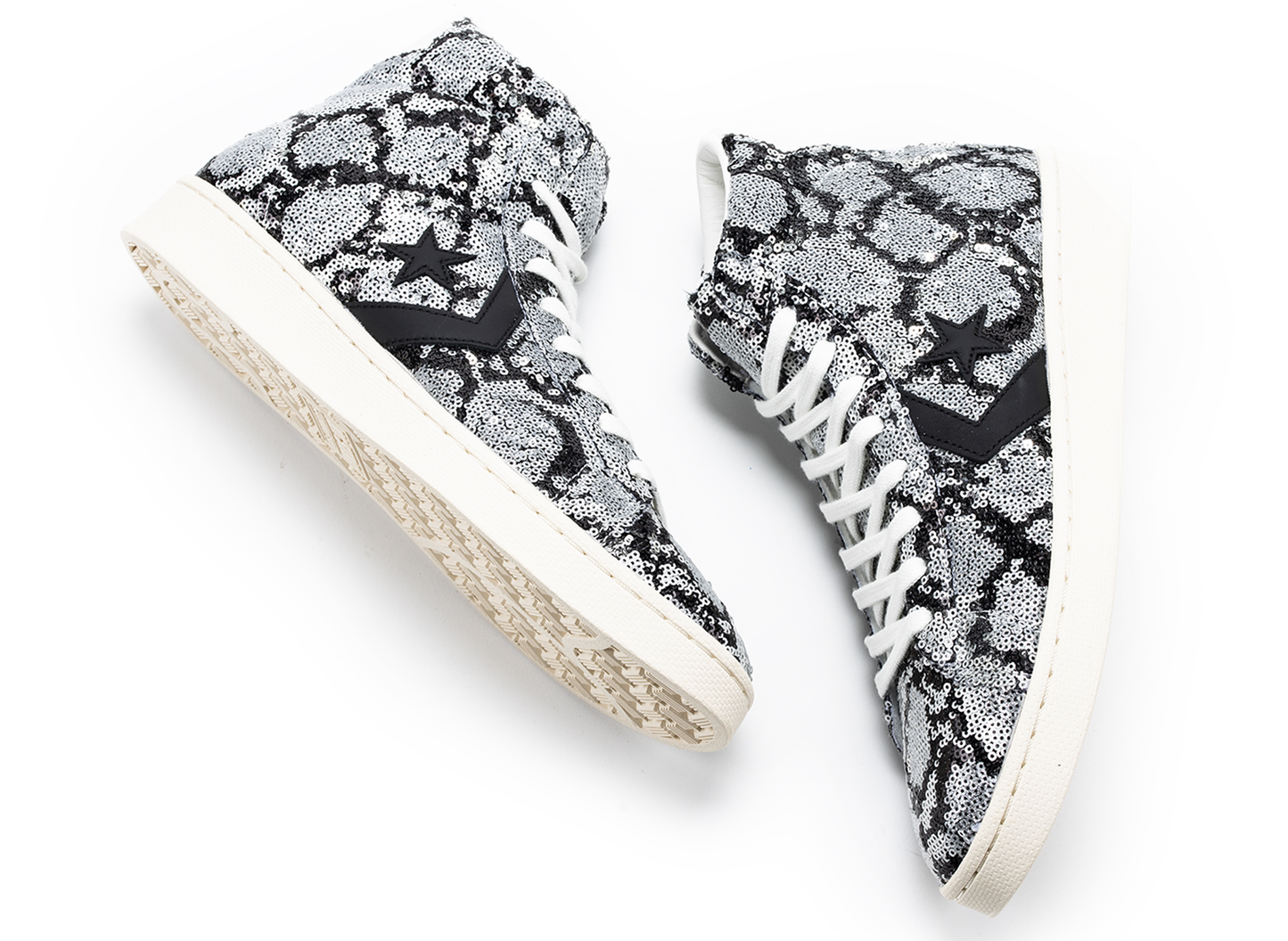 Converse Pro Leather Mid Snakequins in Silver / Vintage White