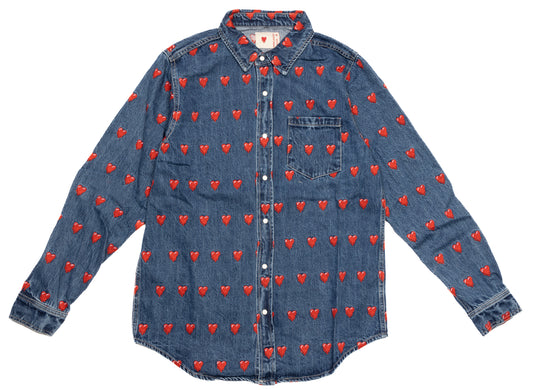 Emotionally Unavailable Pattern Button Up Shirt in Washed Blue