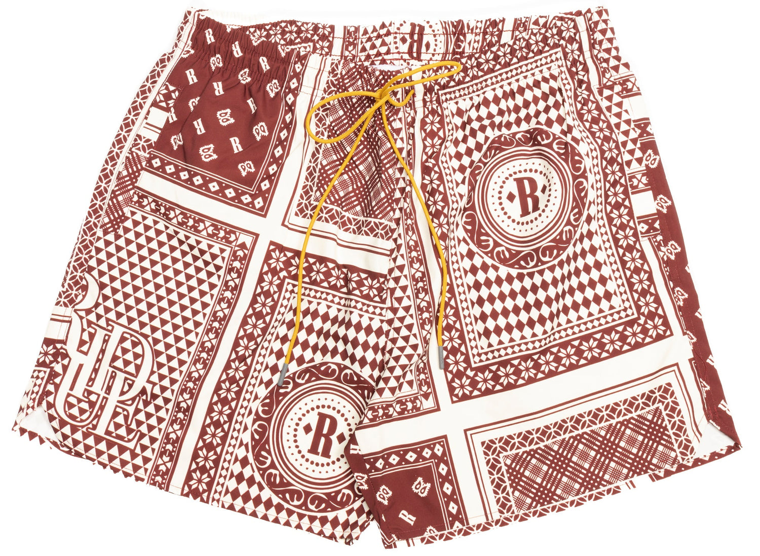 Rhude Card Swim Shorts in Maroon / White