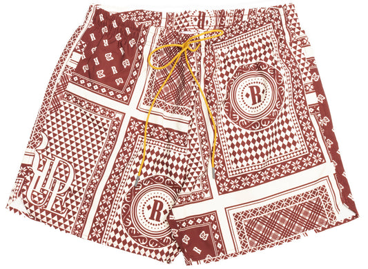 Rhude Card Swim Shorts in Maroon / White
